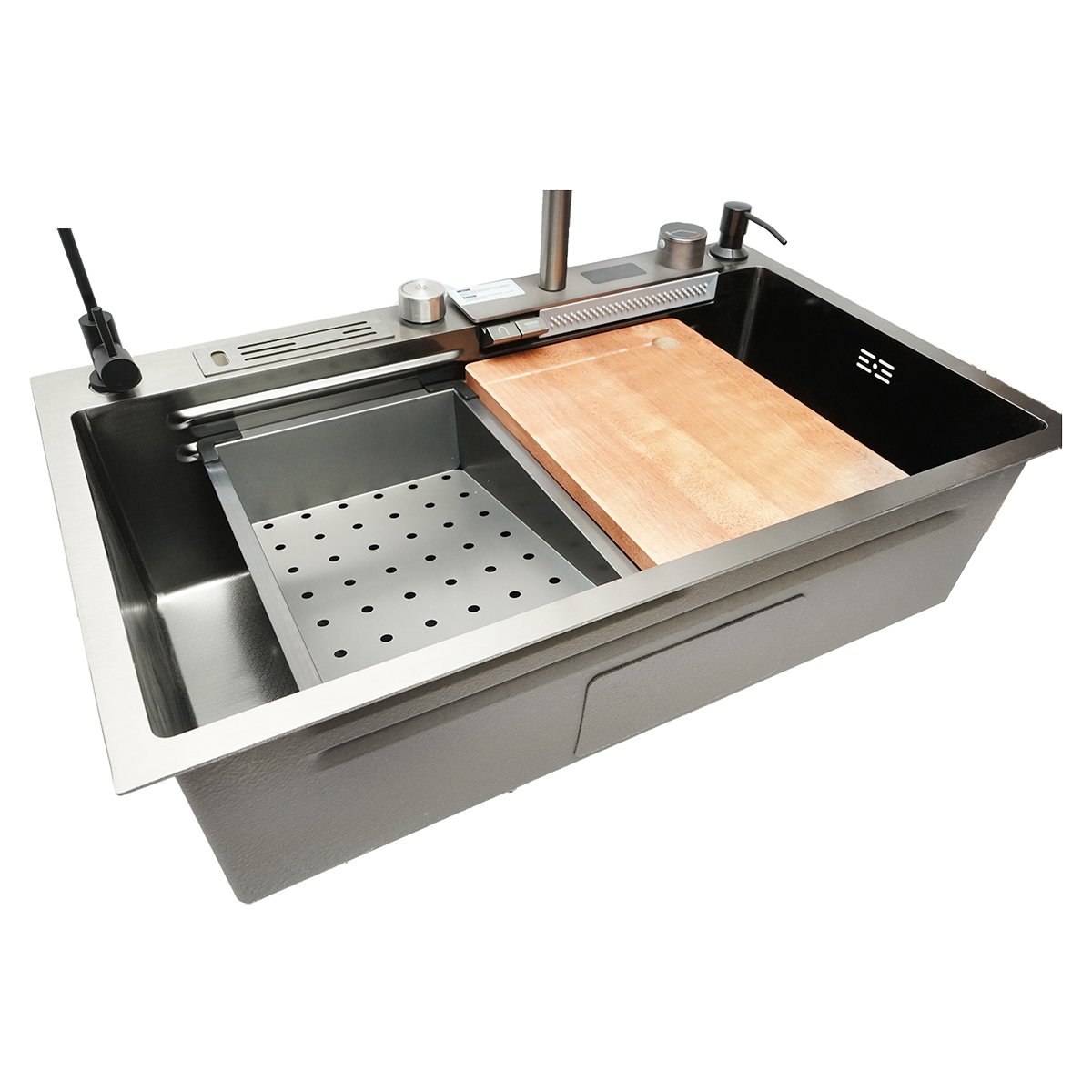Chiuveta bucatarie multifunctionala cu doua baterii, otel inoxidabil, afisaj digital temperatura, functie cascada, dozator sapun, scurgator, tava, tocator si accesorii scurgere incluse, dimensiune 75x46x23.5cm